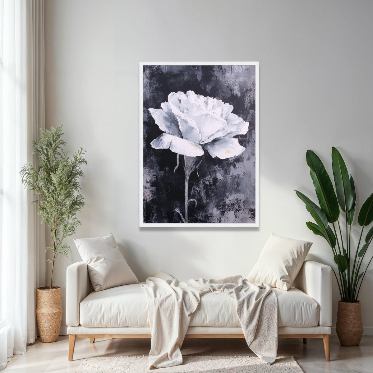 White Rose Canvas Wall Art, Floral Painting, Monochrome Flower Canvas, Modern Home Decoration, Abstract Bloom Gift Art, Home Decor, Print