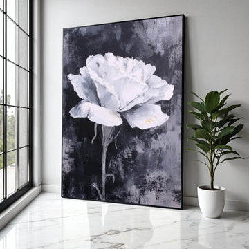 White Rose Canvas Wall Art, Floral Painting, Monochrome Flower Canvas, Modern Home Decoration, Abstract Bloom Gift Art, Home Decor, Print