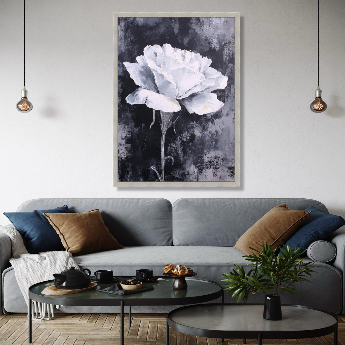 White Rose Canvas Wall Art, Floral Painting, Monochrome Flower Canvas, Modern Home Decoration, Abstract Bloom Gift Art, Home Decor, Print