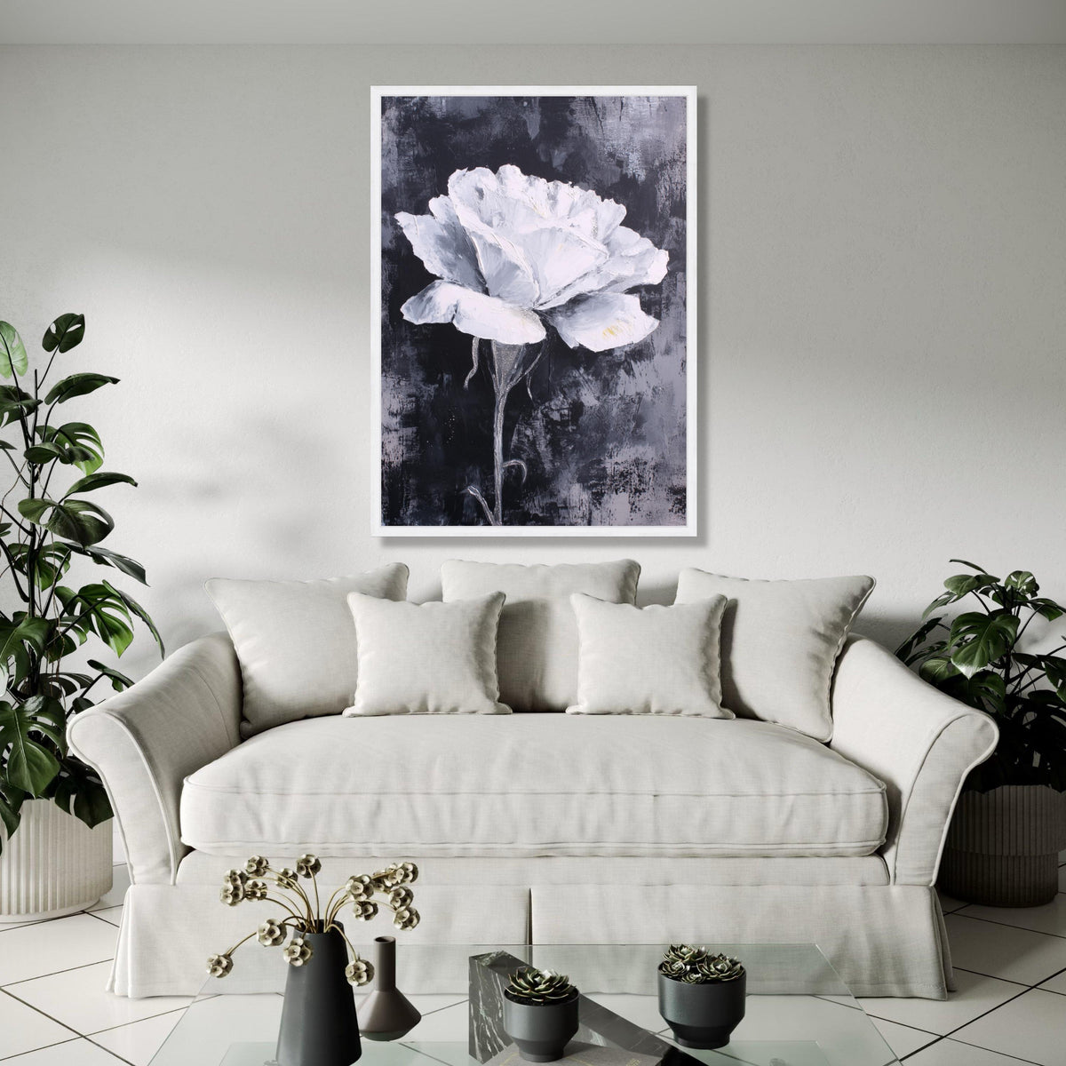 White Rose Canvas Wall Art, Floral Painting, Monochrome Flower Canvas, Modern Home Decoration, Abstract Bloom Gift Art, Home Decor, Print