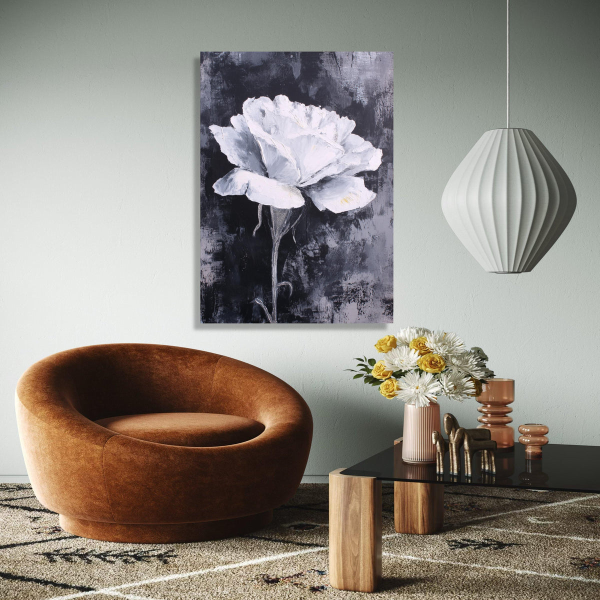 White Rose Canvas Wall Art, Floral Painting, Monochrome Flower Canvas, Modern Home Decoration, Abstract Bloom Gift Art, Home Decor, Print