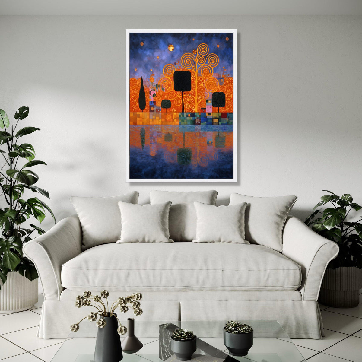 Abstract Cityscape with Spiral Trees Canvas, Modern Art Wall Decor, Colorful Urban Reflection Canvas, Gift Art, Home Decor, Print