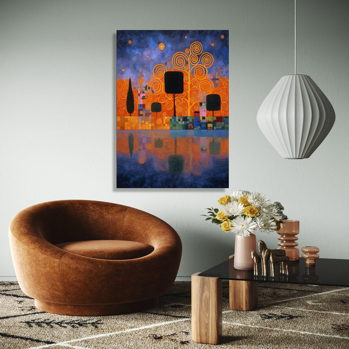 Abstract Cityscape with Spiral Trees Canvas, Modern Art Wall Decor, Colorful Urban Reflection Canvas, Gift Art, Home Decor, Print