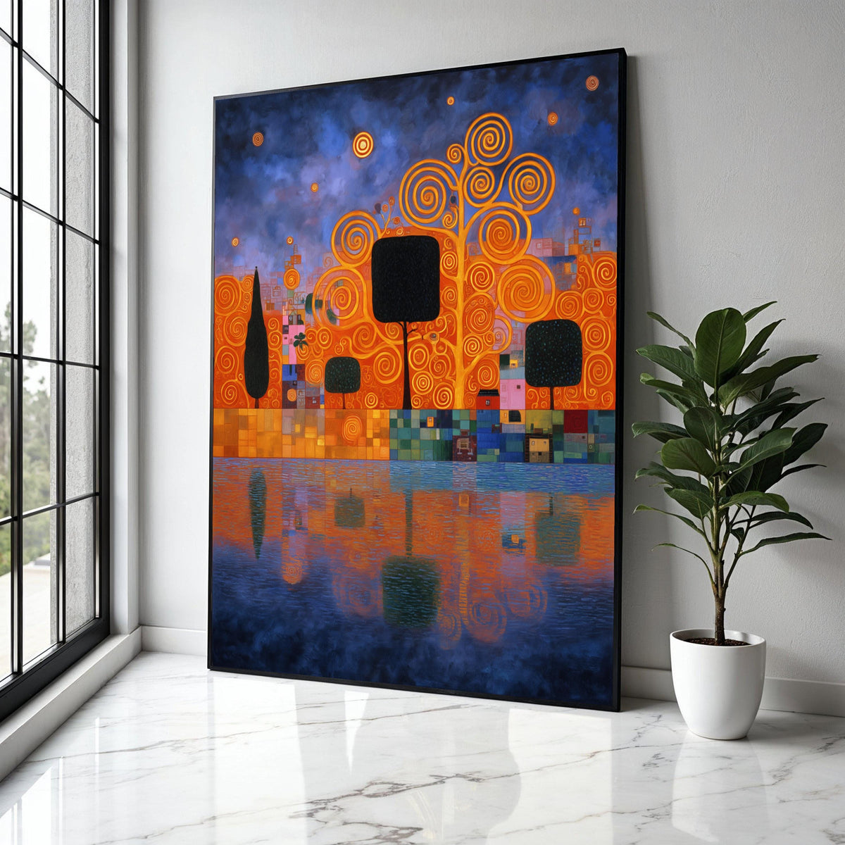 Abstract Cityscape with Spiral Trees Canvas, Modern Art Wall Decor, Colorful Urban Reflection Canvas, Gift Art, Home Decor, Print