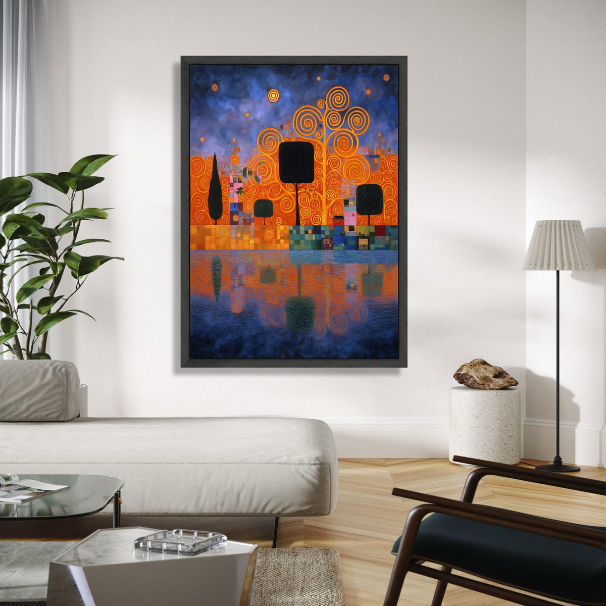 Abstract Cityscape with Spiral Trees Canvas, Modern Art Wall Decor, Colorful Urban Reflection Canvas, Gift Art, Home Decor, Print