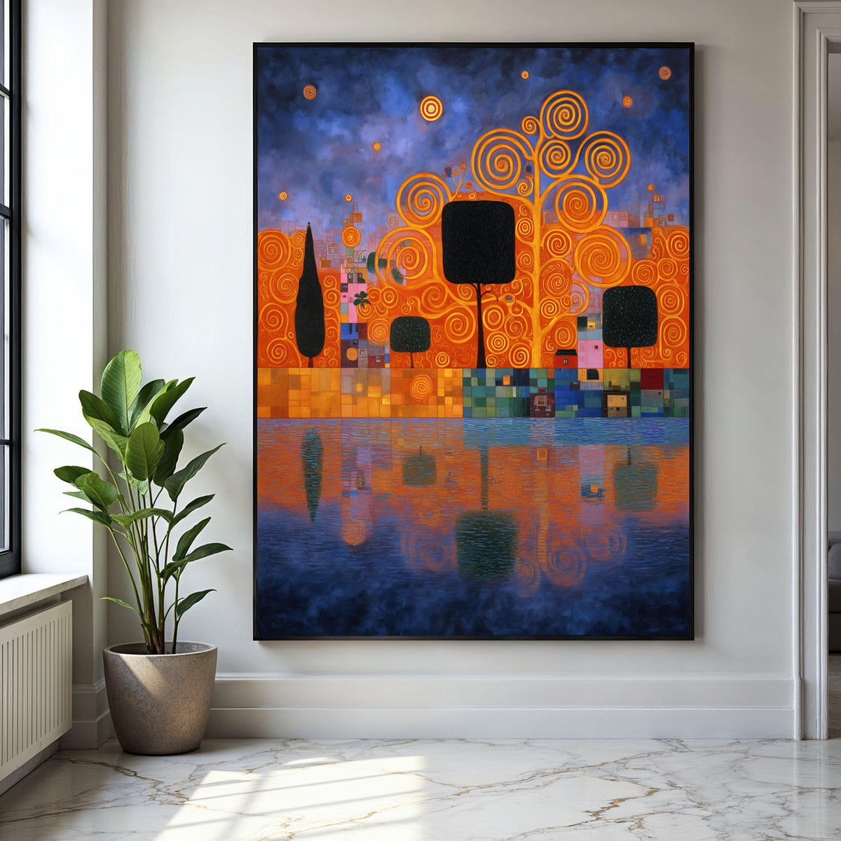 Abstract Cityscape with Spiral Trees Canvas, Modern Art Wall Decor, Colorful Urban Reflection Canvas, Gift Art, Home Decor, Print