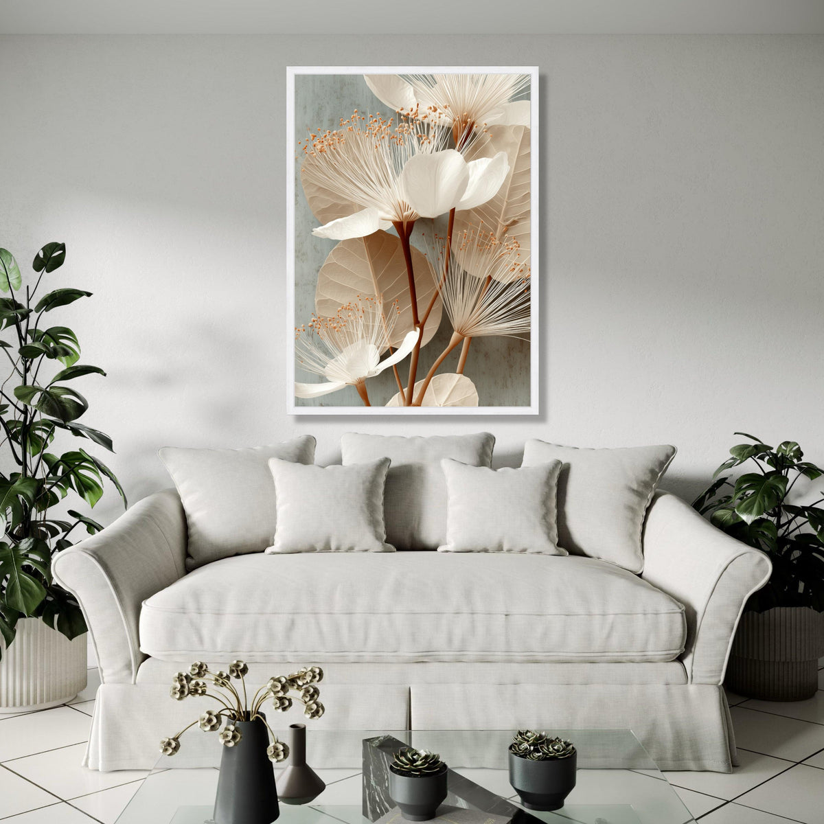Elegant Neutral Floral Canvas, White Blossom Wall Art, Modern Botanical Decor, Soft Earth Tone Canvas, Home Gift Art, Home Decor, Print