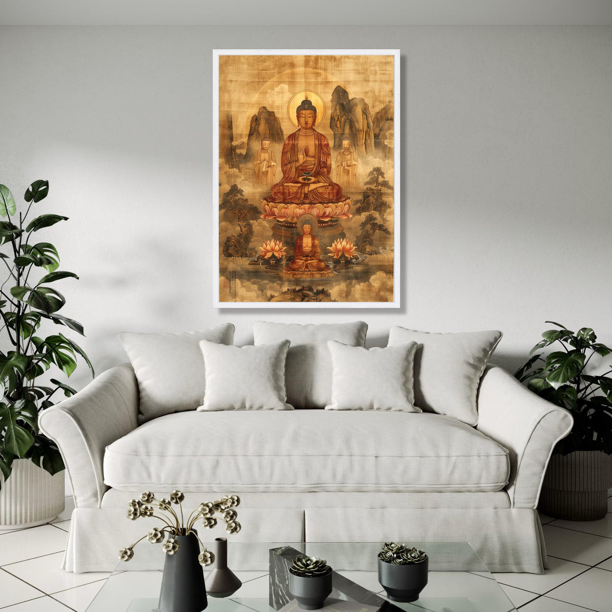 Serene Buddha Meditation Canvas Wall Art, Traditional Asian Spiritual Painting, Lotus Flower Buddhism Decor, Gift Art, Home Decor, Print