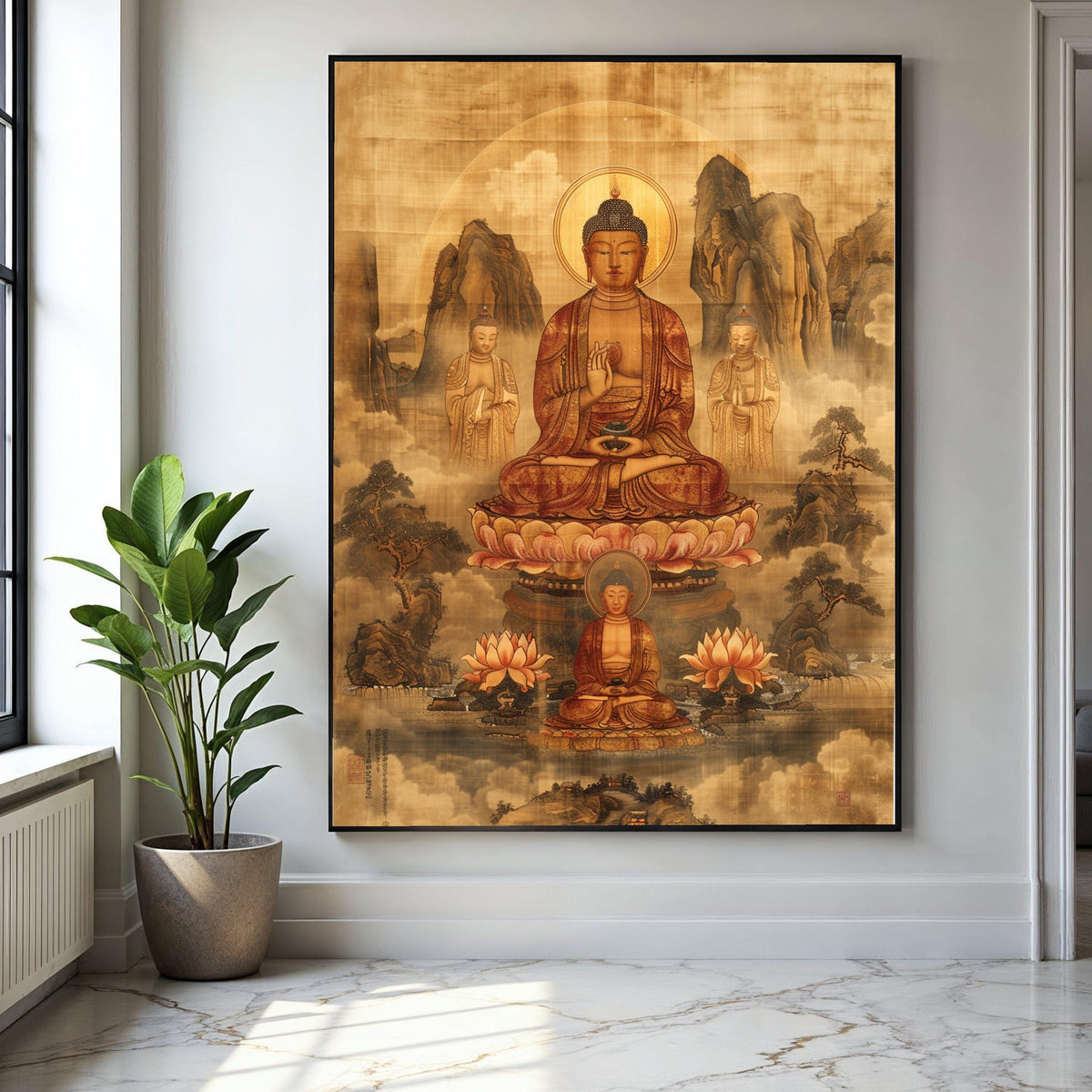 Serene Buddha Meditation Canvas Wall Art, Traditional Asian Spiritual Painting, Lotus Flower Buddhism Decor, Gift Art, Home Decor, Print