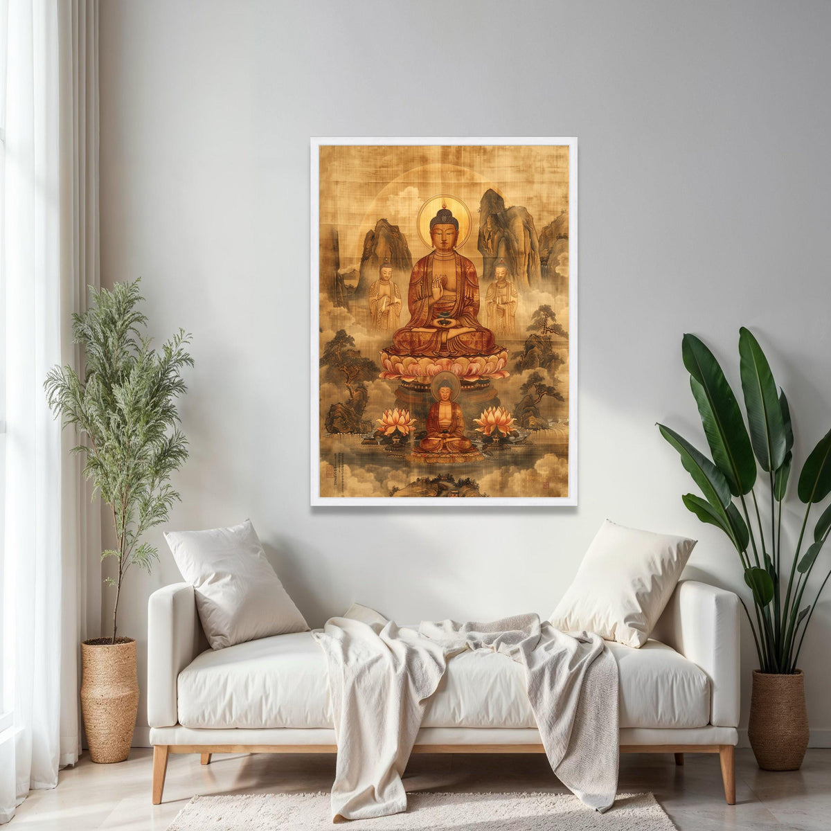 Serene Buddha Meditation Canvas Wall Art, Traditional Asian Spiritual Painting, Lotus Flower Buddhism Decor, Gift Art, Home Decor, Print