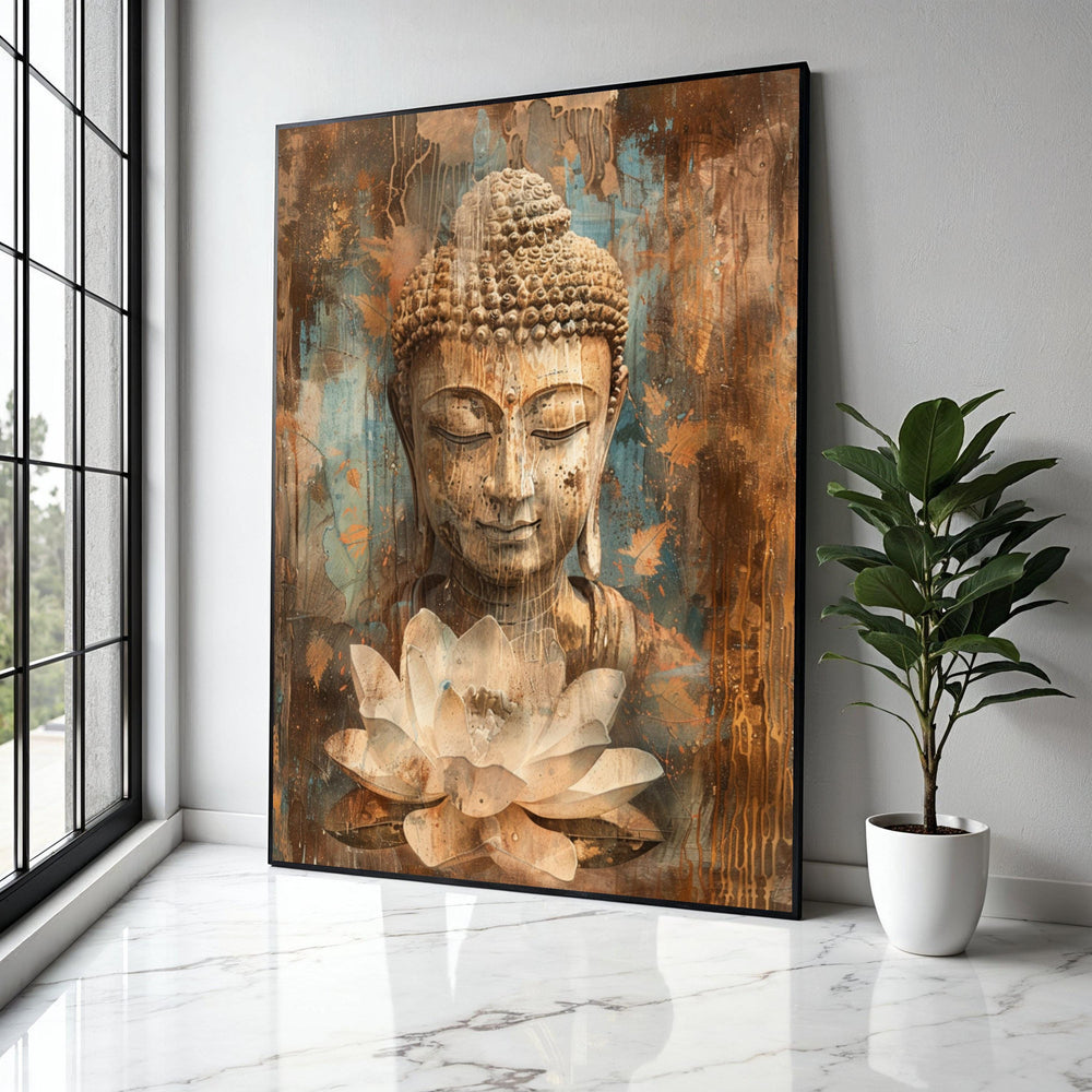 Serene Buddha Canvas Wall Art, Meditation Spiritual Decor, Lotus Flower Painting, Tranquil Zen Artwork, Rustic Gift Art, Home Decor, Print