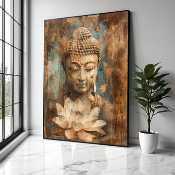 Serene Buddha Canvas Wall Art, Meditation Spiritual Decor, Lotus Flower Painting, Tranquil Zen Artwork, Rustic Gift Art, Home Decor, Print
