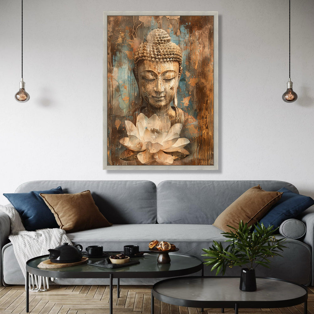 Serene Buddha Canvas Wall Art, Meditation Spiritual Decor, Lotus Flower Painting, Tranquil Zen Artwork, Rustic Gift Art, Home Decor, Print