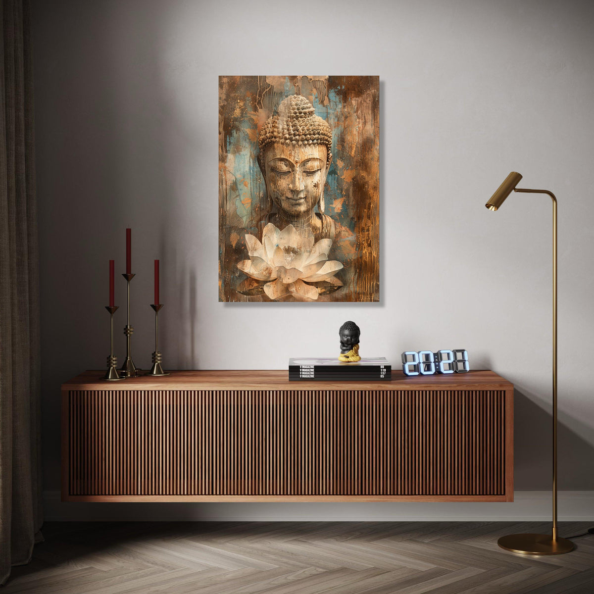 Serene Buddha Canvas Wall Art, Meditation Spiritual Decor, Lotus Flower Painting, Tranquil Zen Artwork, Rustic Gift Art, Home Decor, Print