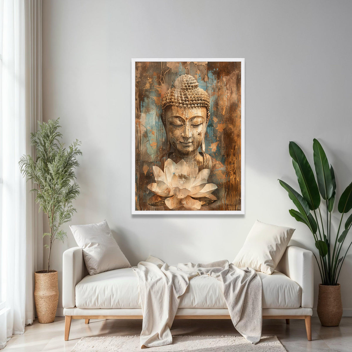 Serene Buddha Canvas Wall Art, Meditation Spiritual Decor, Lotus Flower Painting, Tranquil Zen Artwork, Rustic Gift Art, Home Decor, Print