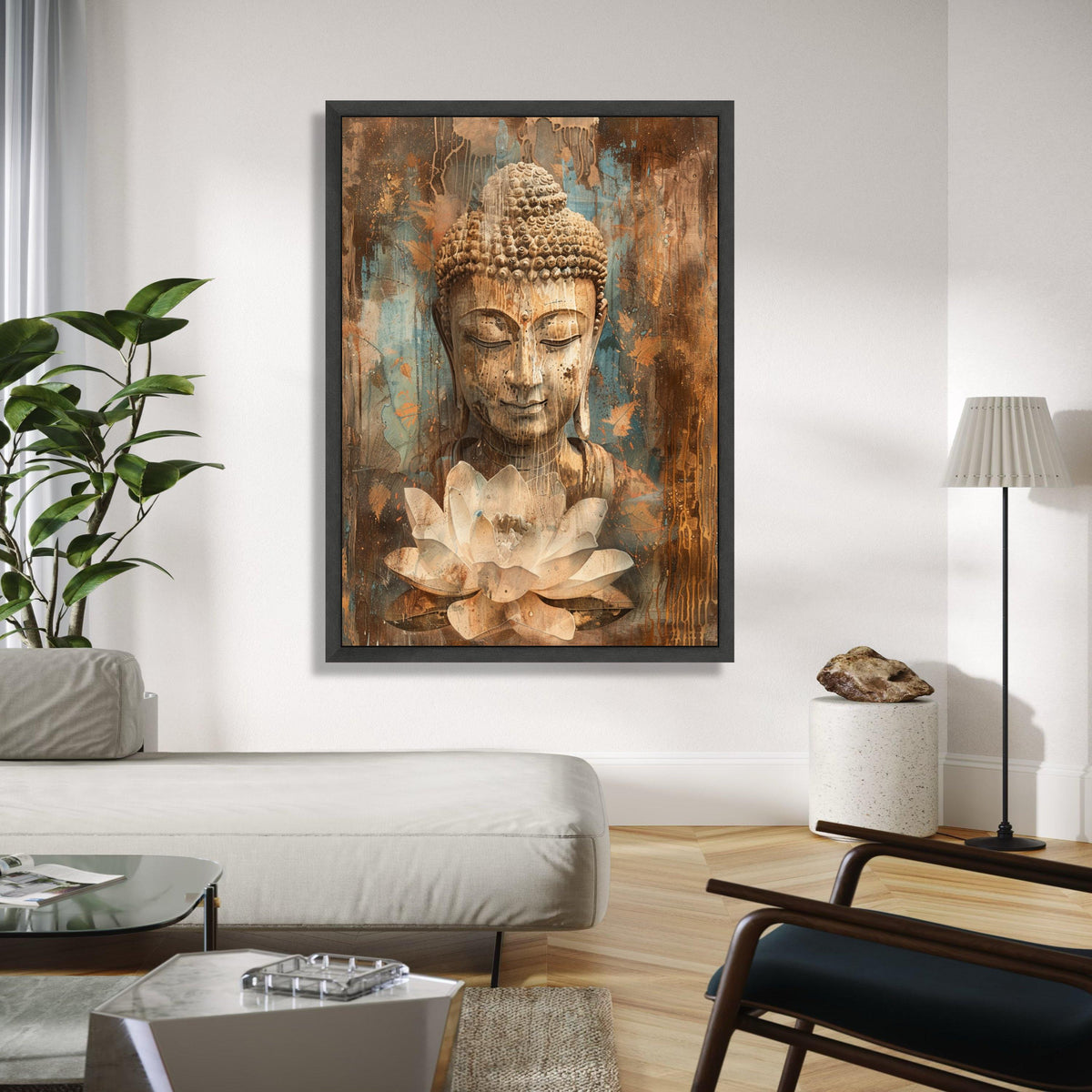 Serene Buddha Canvas Wall Art, Meditation Spiritual Decor, Lotus Flower Painting, Tranquil Zen Artwork, Rustic Gift Art, Home Decor, Print