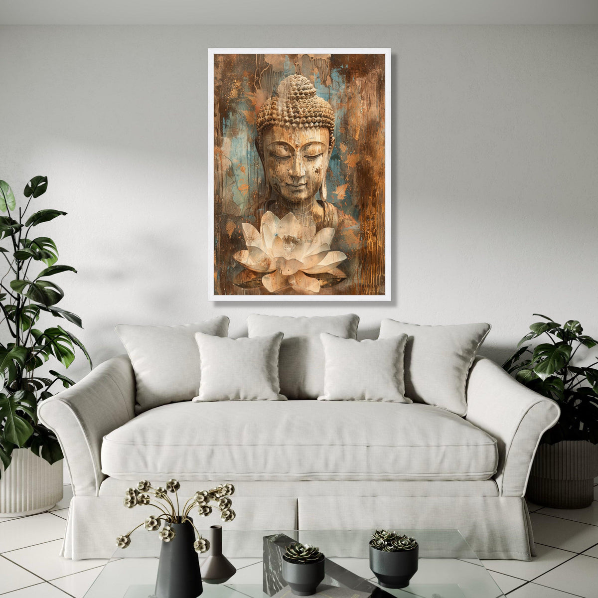 Serene Buddha Canvas Wall Art, Meditation Spiritual Decor, Lotus Flower Painting, Tranquil Zen Artwork, Rustic Gift Art, Home Decor, Print