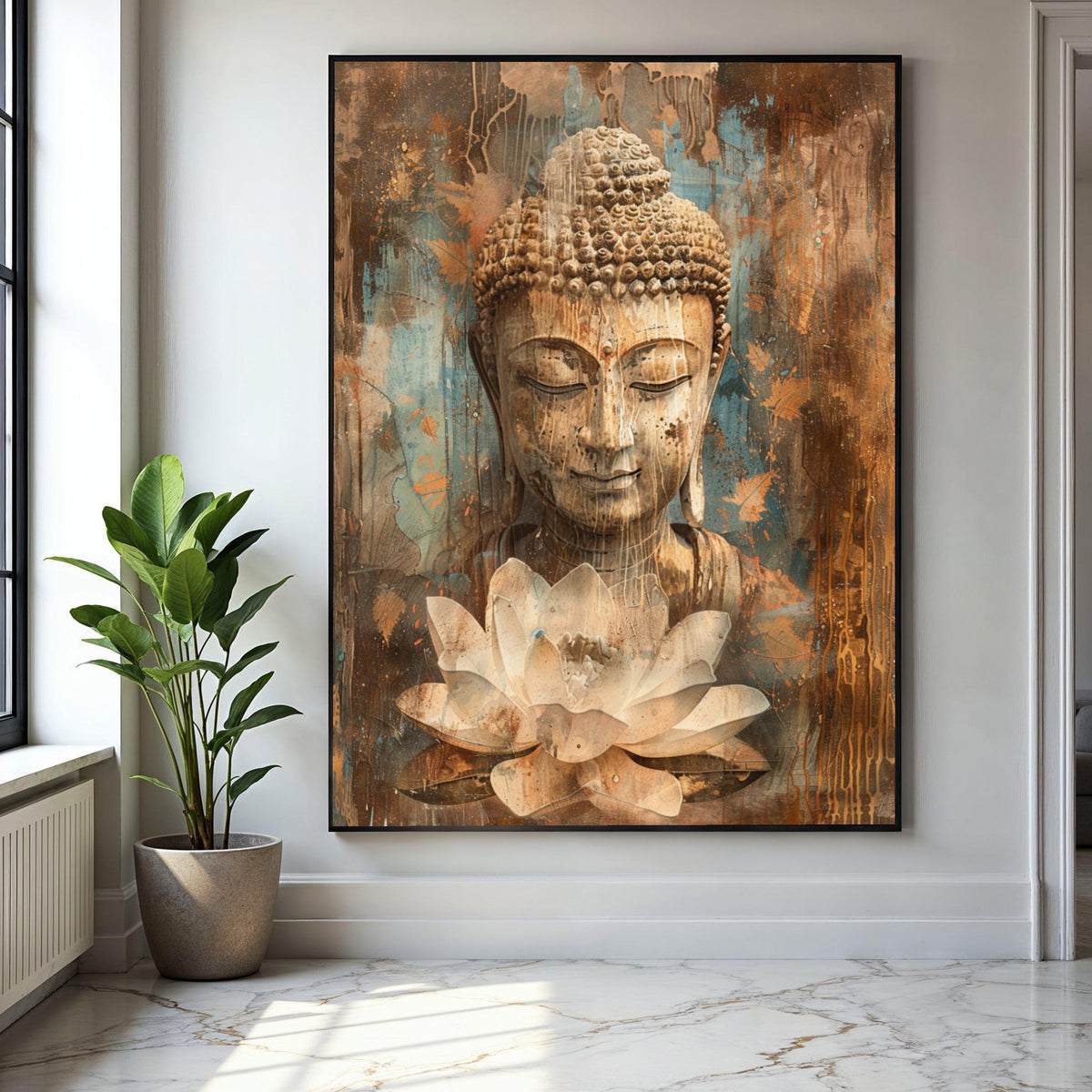 Serene Buddha Canvas Wall Art, Meditation Spiritual Decor, Lotus Flower Painting, Tranquil Zen Artwork, Rustic Gift Art, Home Decor, Print
