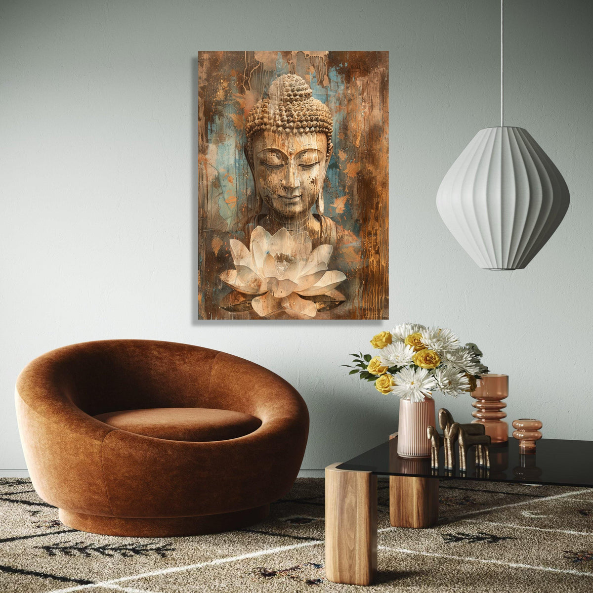 Serene Buddha Canvas Wall Art, Meditation Spiritual Decor, Lotus Flower Painting, Tranquil Zen Artwork, Rustic Gift Art, Home Decor, Print