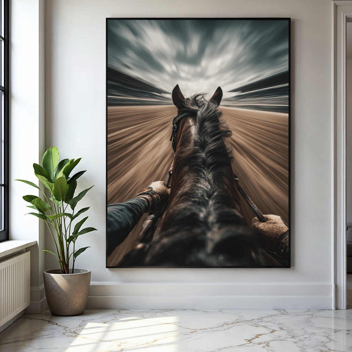 Racing Horse Perspective Canvas, Equestrian Speed Art, Dynamic Horseback Ride Wall Art, Motion Blur Canvas Gift Art, Home Decor, Print