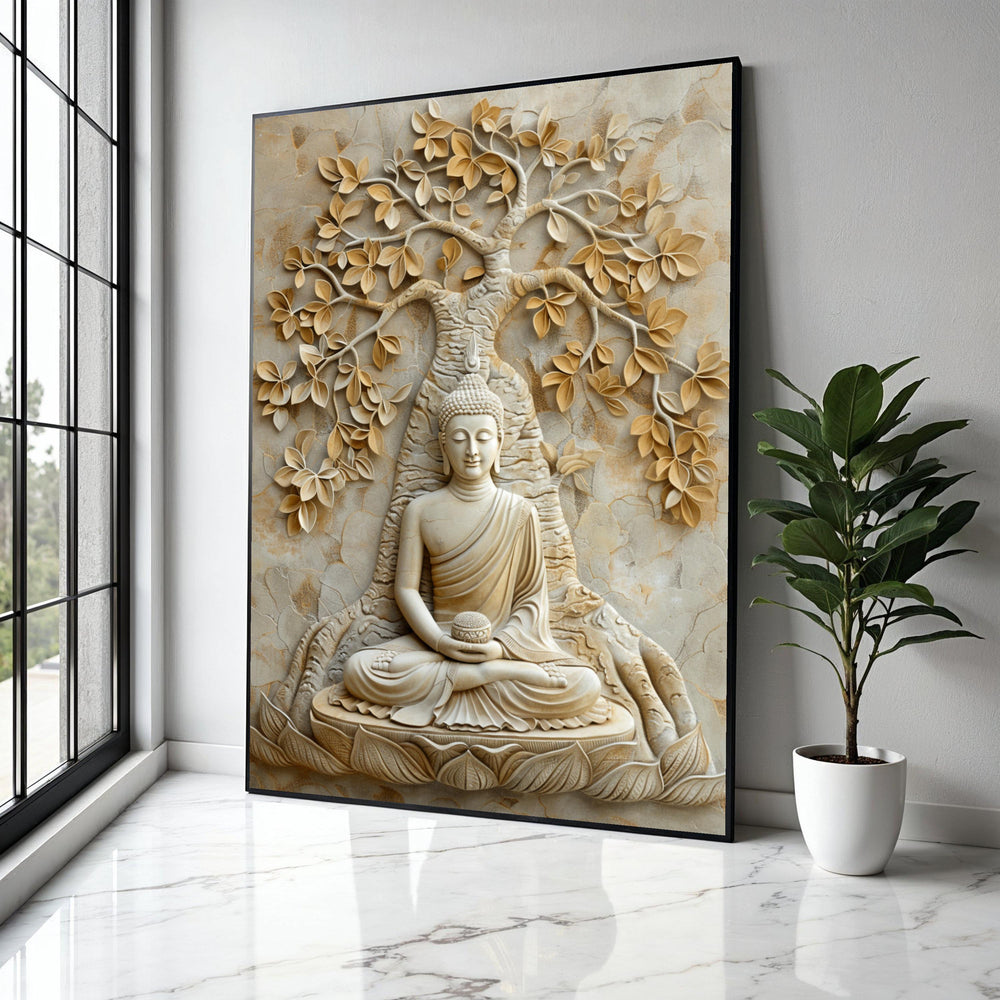 Buddha Meditation Canvas Wall Art, Tranquil Zen Decor, Spiritual Tree of Life Sculpture, Yoga Room Decoration, Gift Art, Home Decor, Print