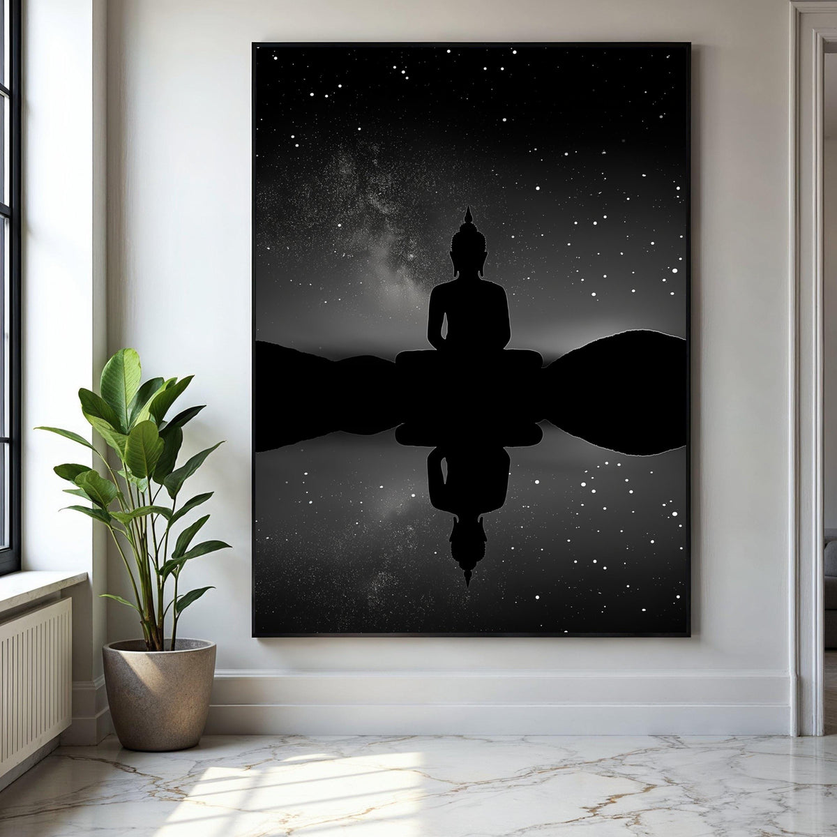 Meditating Buddha Silhouette Canvas, Starry Night Sky Wall Art, Spiritual Zen Decor, Reflective Tranquility Gift Art, Home Decor, Print