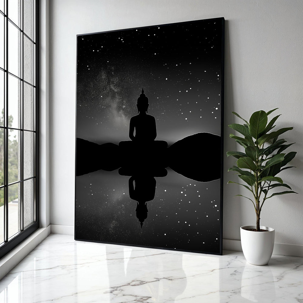Meditating Buddha Silhouette Canvas, Starry Night Sky Wall Art, Spiritual Zen Decor, Reflective Tranquility Gift Art, Home Decor, Print