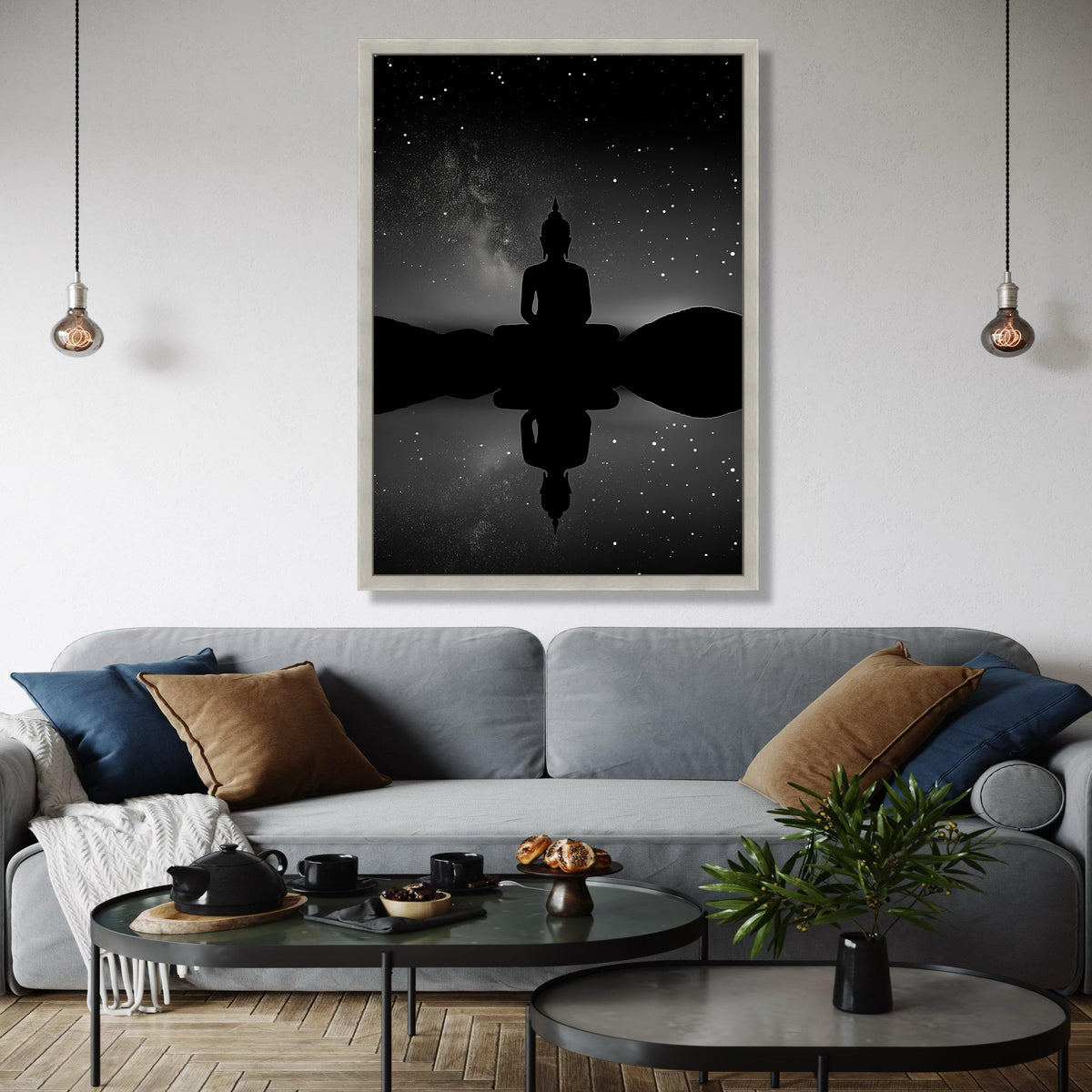 Meditating Buddha Silhouette Canvas, Starry Night Sky Wall Art, Spiritual Zen Decor, Reflective Tranquility Gift Art, Home Decor, Print