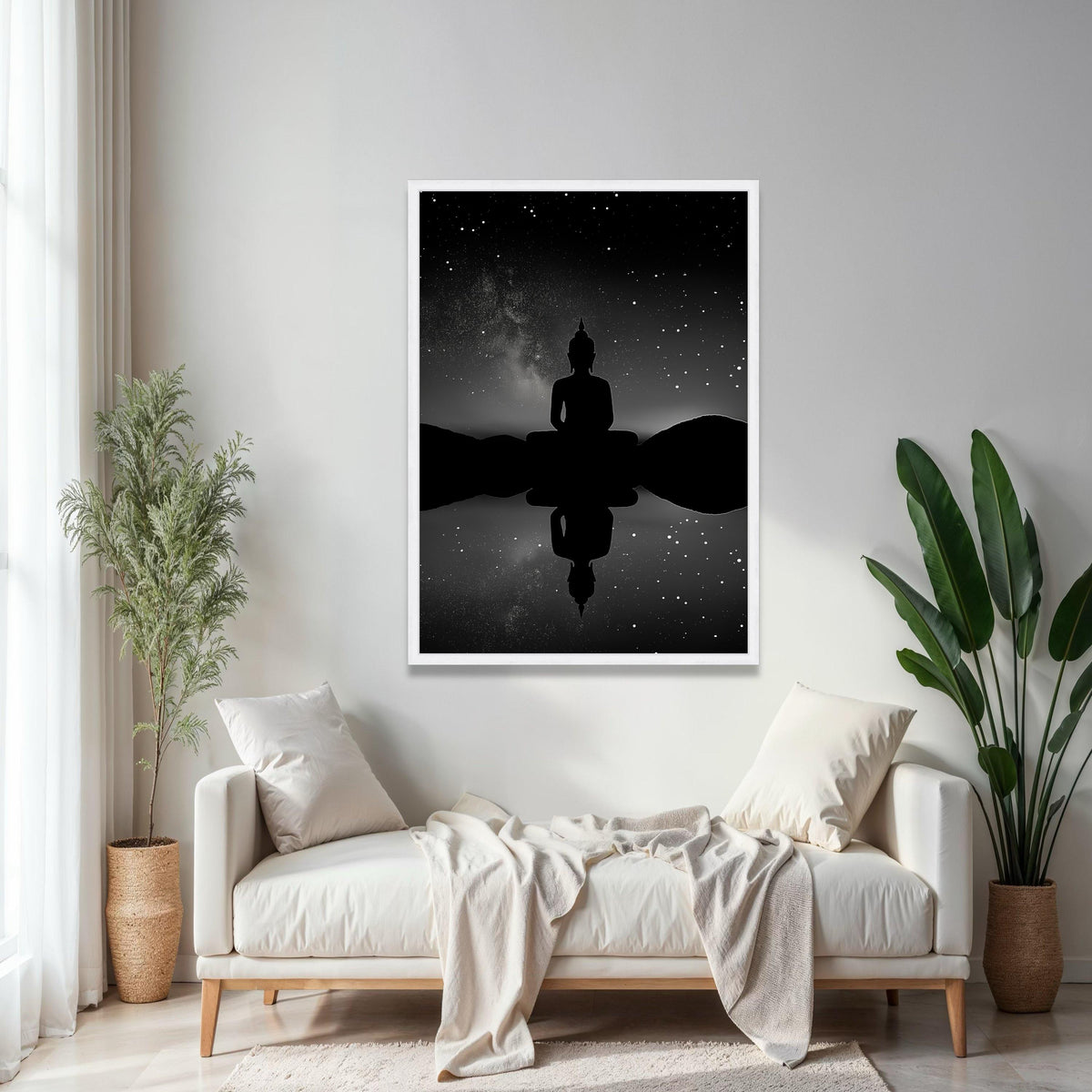 Meditating Buddha Silhouette Canvas, Starry Night Sky Wall Art, Spiritual Zen Decor, Reflective Tranquility Gift Art, Home Decor, Print
