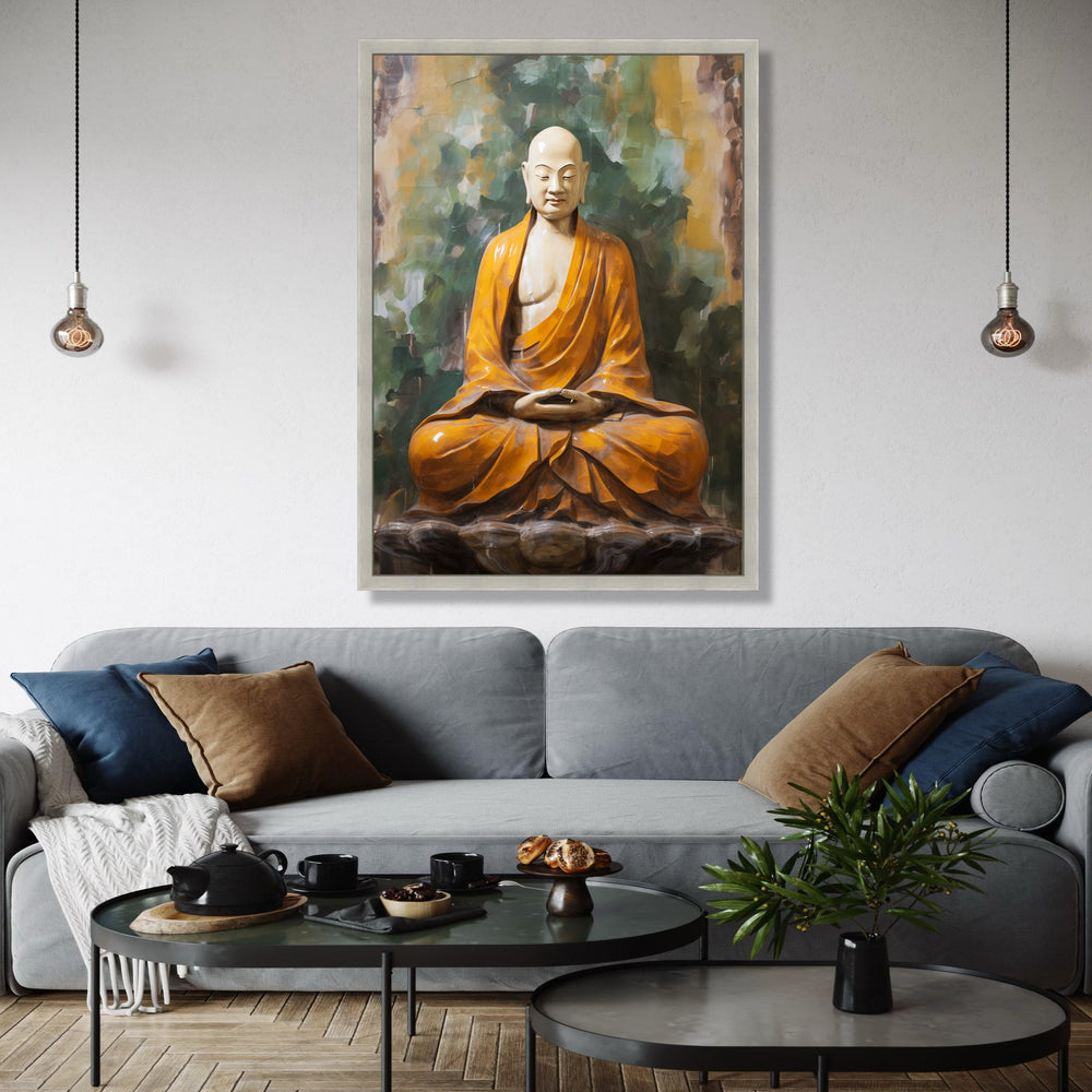 Meditating Buddha Statue Canvas, Spiritual Zen Wall Art, Orange Robe Buddhism Decor, Calm Serenity Home Gift Art, Home Decor, Print