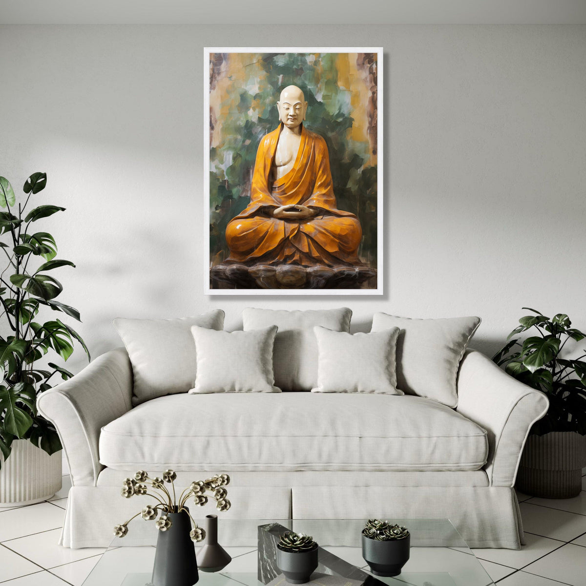 Meditating Buddha Statue Canvas, Spiritual Zen Wall Art, Orange Robe Buddhism Decor, Calm Serenity Home Gift Art, Home Decor, Print