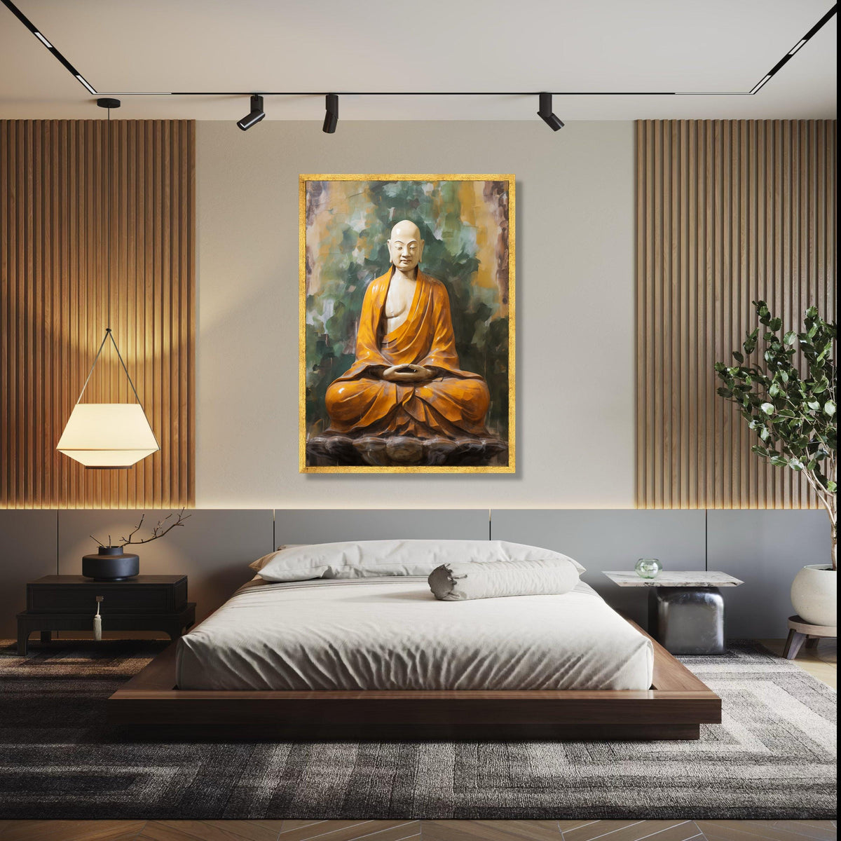 Meditating Buddha Statue Canvas, Spiritual Zen Wall Art, Orange Robe Buddhism Decor, Calm Serenity Home Gift Art, Home Decor, Print