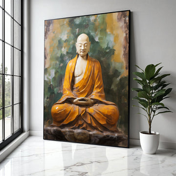 Meditating Buddha Statue Canvas, Spiritual Zen Wall Art, Orange Robe Buddhism Decor, Calm Serenity Home Gift Art, Home Decor, Print