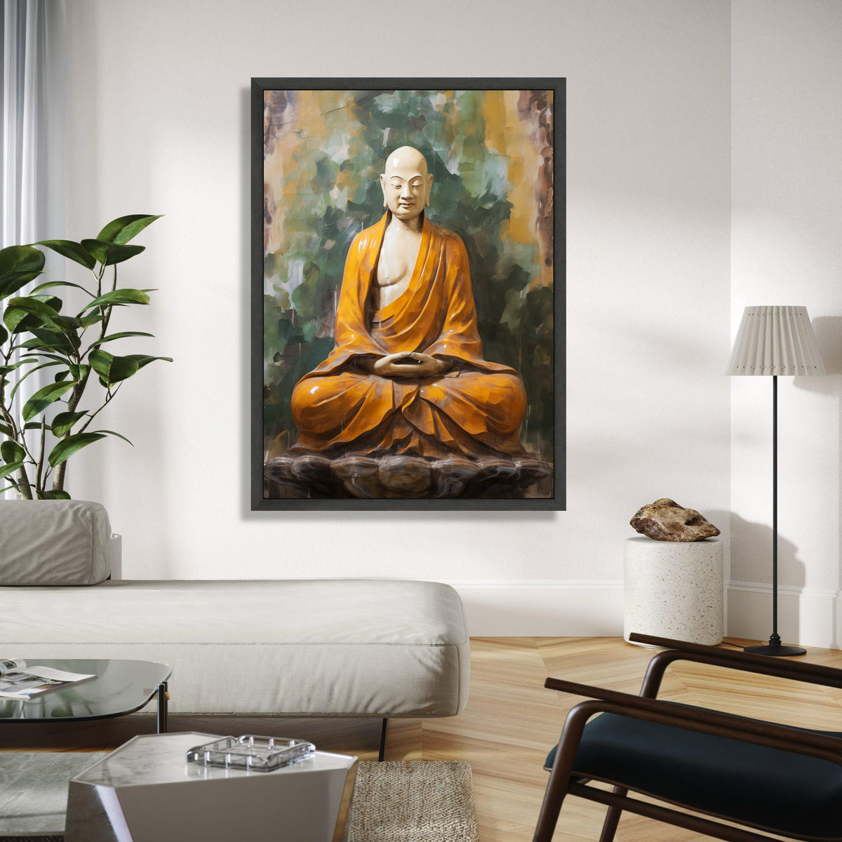 Meditating Buddha Statue Canvas, Spiritual Zen Wall Art, Orange Robe Buddhism Decor, Calm Serenity Home Gift Art, Home Decor, Print
