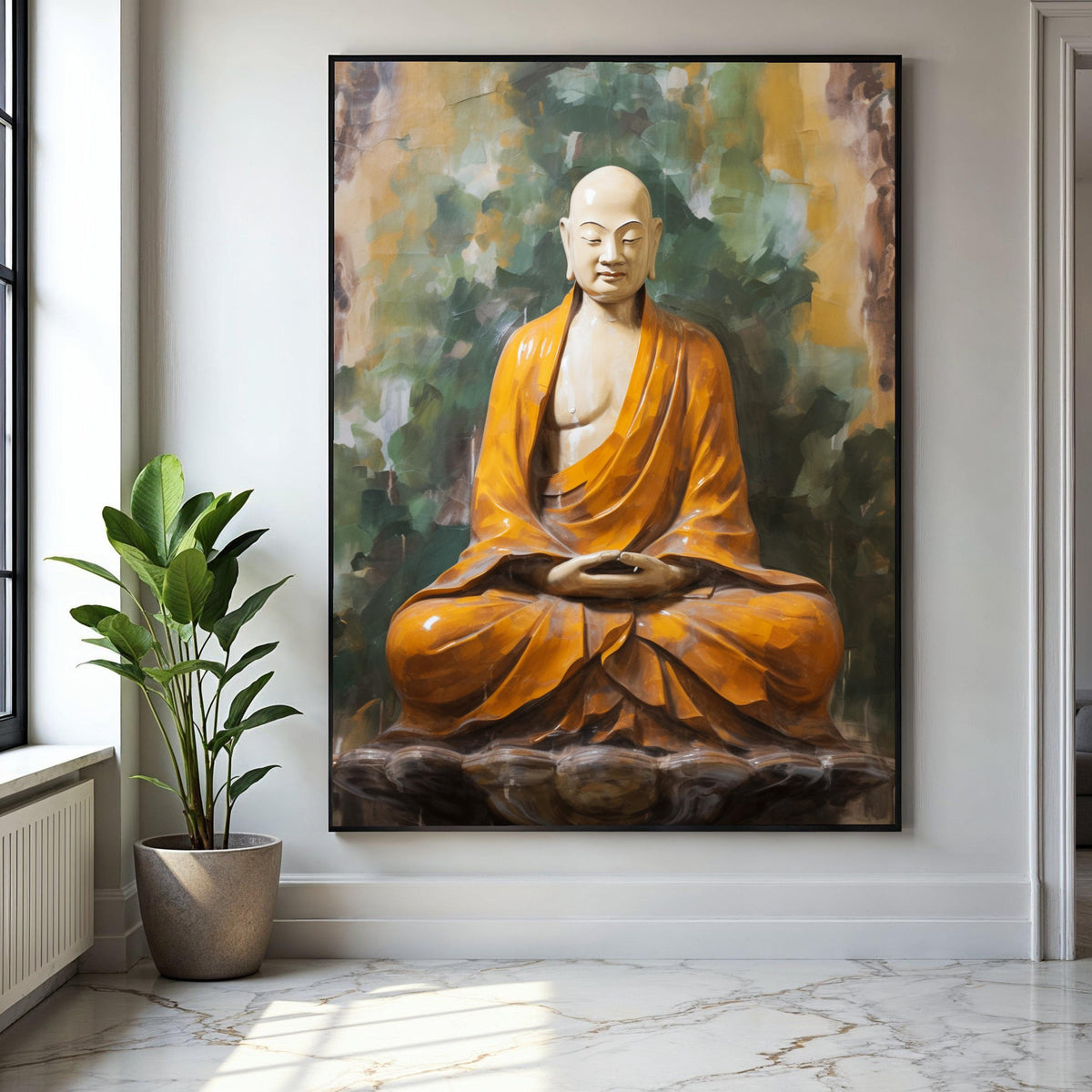 Meditating Buddha Statue Canvas, Spiritual Zen Wall Art, Orange Robe Buddhism Decor, Calm Serenity Home Gift Art, Home Decor, Print
