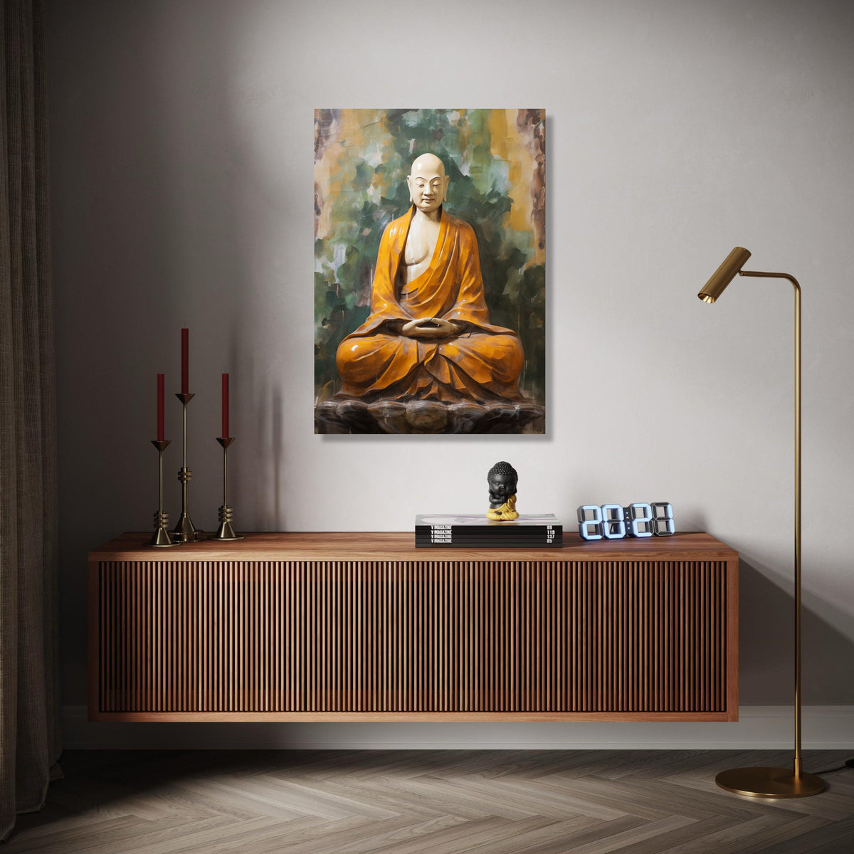 Meditating Buddha Statue Canvas, Spiritual Zen Wall Art, Orange Robe Buddhism Decor, Calm Serenity Home Gift Art, Home Decor, Print