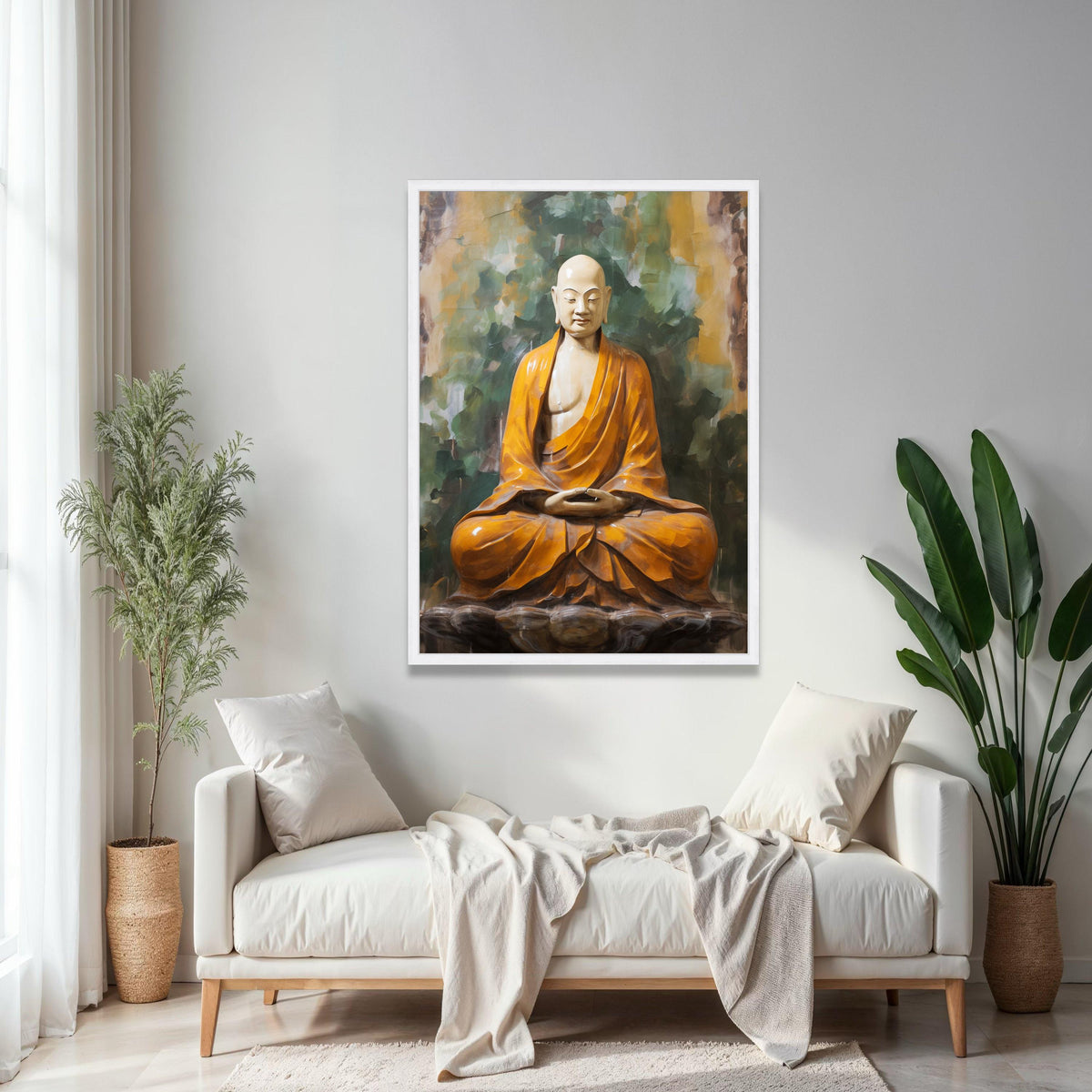 Meditating Buddha Statue Canvas, Spiritual Zen Wall Art, Orange Robe Buddhism Decor, Calm Serenity Home Gift Art, Home Decor, Print