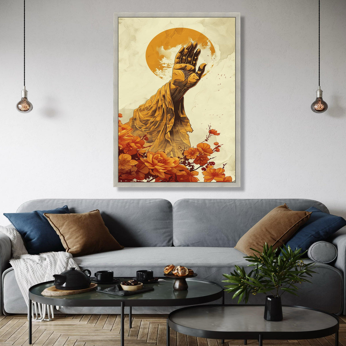Spiritual Hand Blessing Canvas Wall Art, Golden Draped Arm with Cross, Sun Halo Background, Floral Accent Gift Art, Home Decor, Print