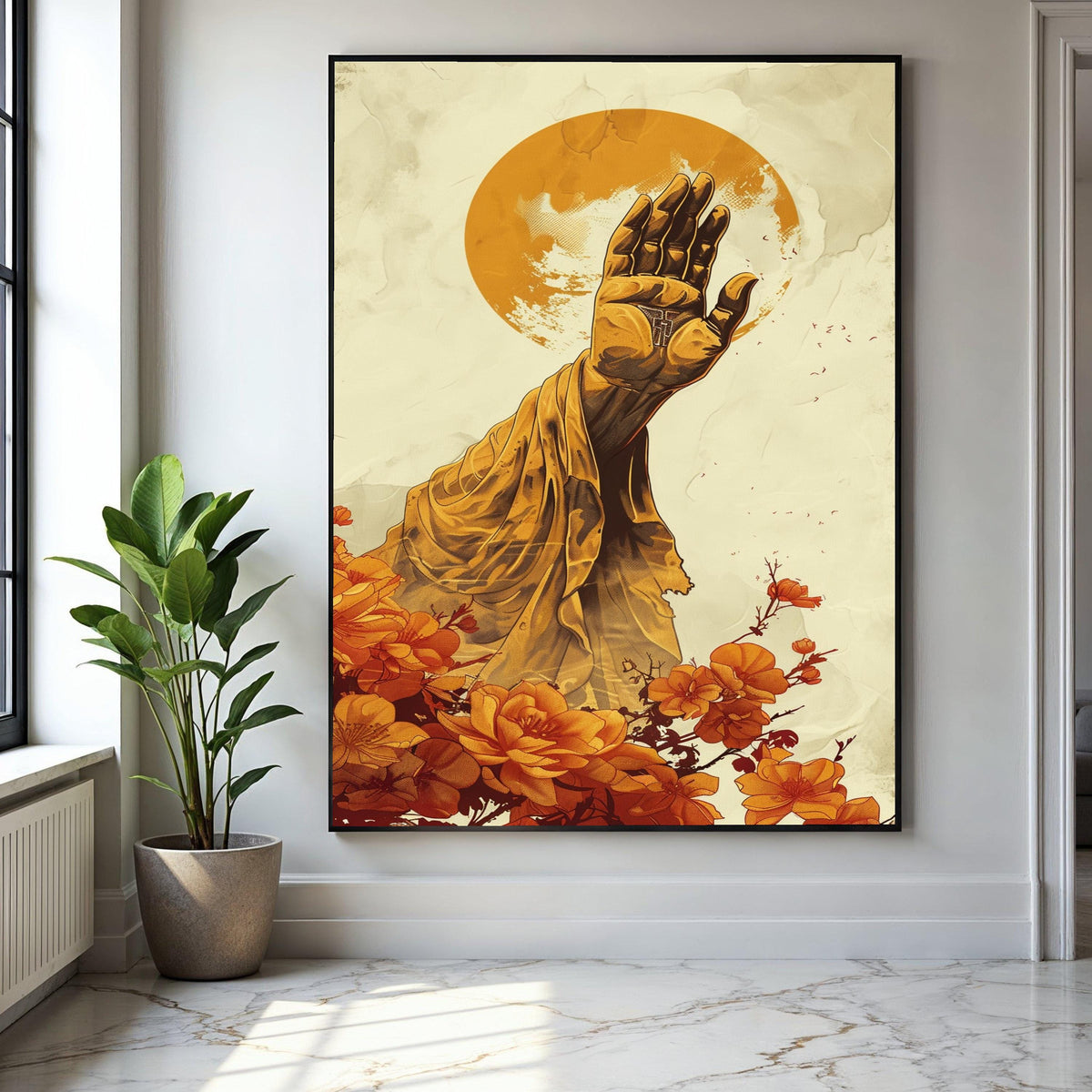 Spiritual Hand Blessing Canvas Wall Art, Golden Draped Arm with Cross, Sun Halo Background, Floral Accent Gift Art, Home Decor, Print