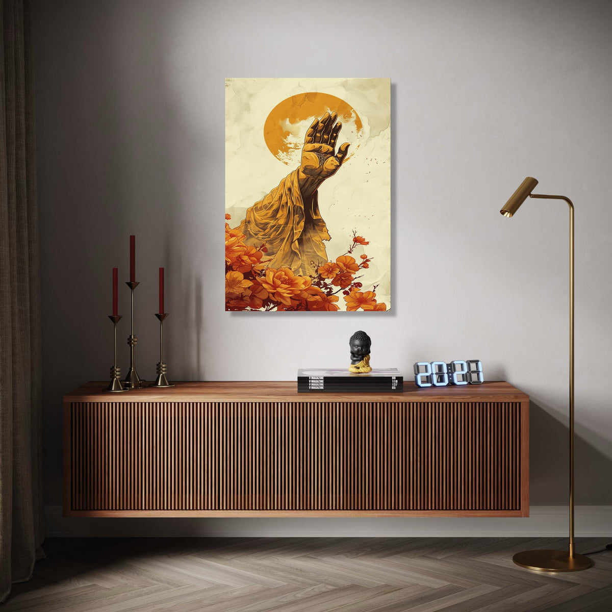 Spiritual Hand Blessing Canvas Wall Art, Golden Draped Arm with Cross, Sun Halo Background, Floral Accent Gift Art, Home Decor, Print