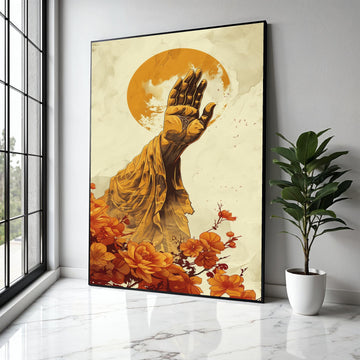 Spiritual Hand Blessing Canvas Wall Art, Golden Draped Arm with Cross, Sun Halo Background, Floral Accent Gift Art, Home Decor, Print