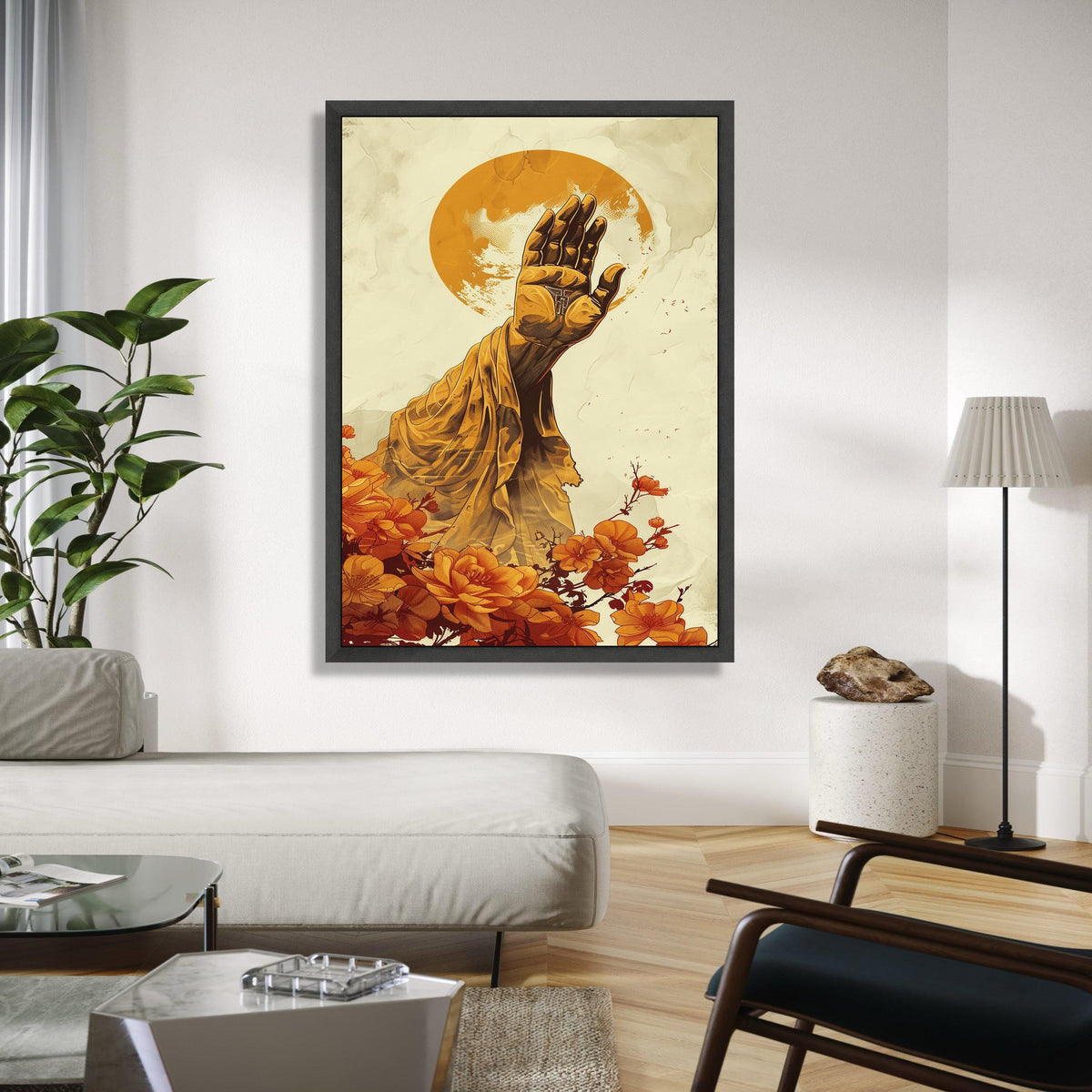Spiritual Hand Blessing Canvas Wall Art, Golden Draped Arm with Cross, Sun Halo Background, Floral Accent Gift Art, Home Decor, Print
