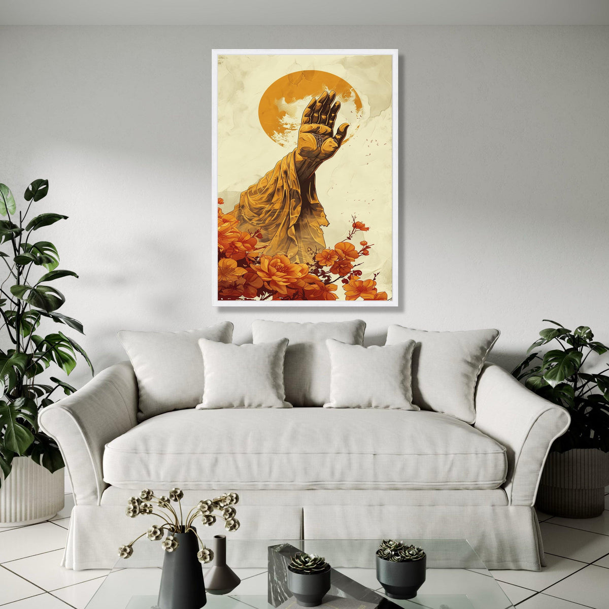 Spiritual Hand Blessing Canvas Wall Art, Golden Draped Arm with Cross, Sun Halo Background, Floral Accent Gift Art, Home Decor, Print