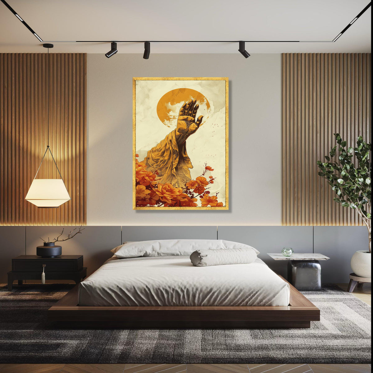 Spiritual Hand Blessing Canvas Wall Art, Golden Draped Arm with Cross, Sun Halo Background, Floral Accent Gift Art, Home Decor, Print
