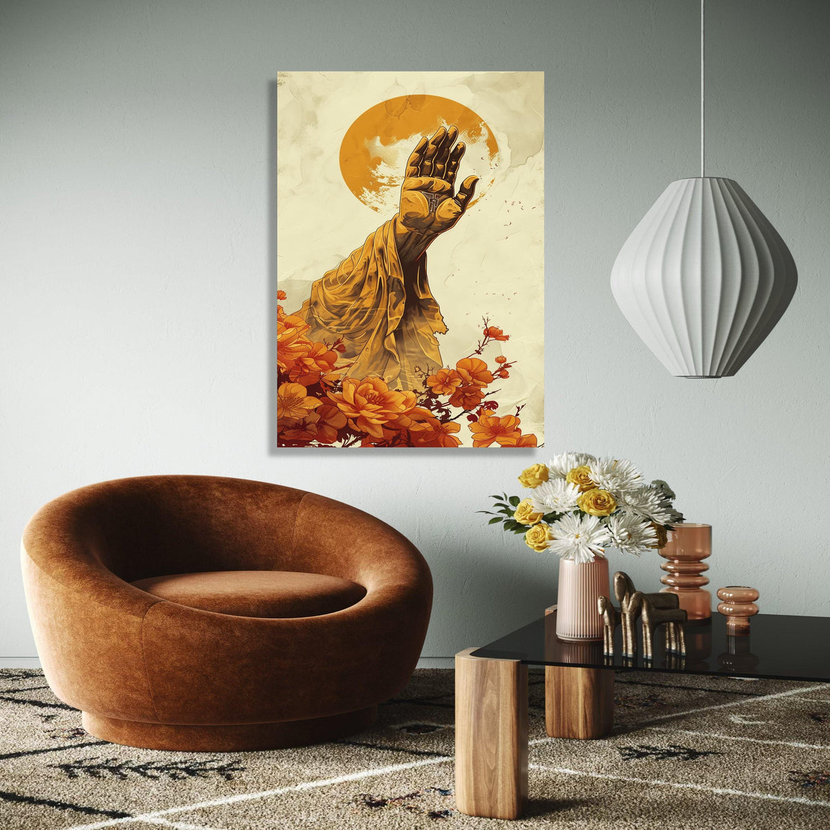 Spiritual Hand Blessing Canvas Wall Art, Golden Draped Arm with Cross, Sun Halo Background, Floral Accent Gift Art, Home Decor, Print