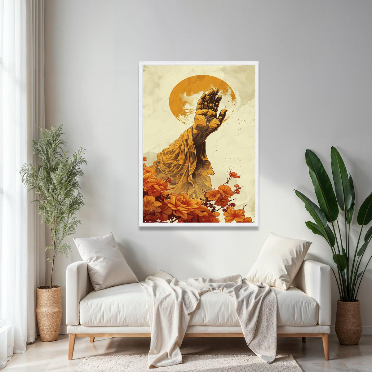 Spiritual Hand Blessing Canvas Wall Art, Golden Draped Arm with Cross, Sun Halo Background, Floral Accent Gift Art, Home Decor, Print