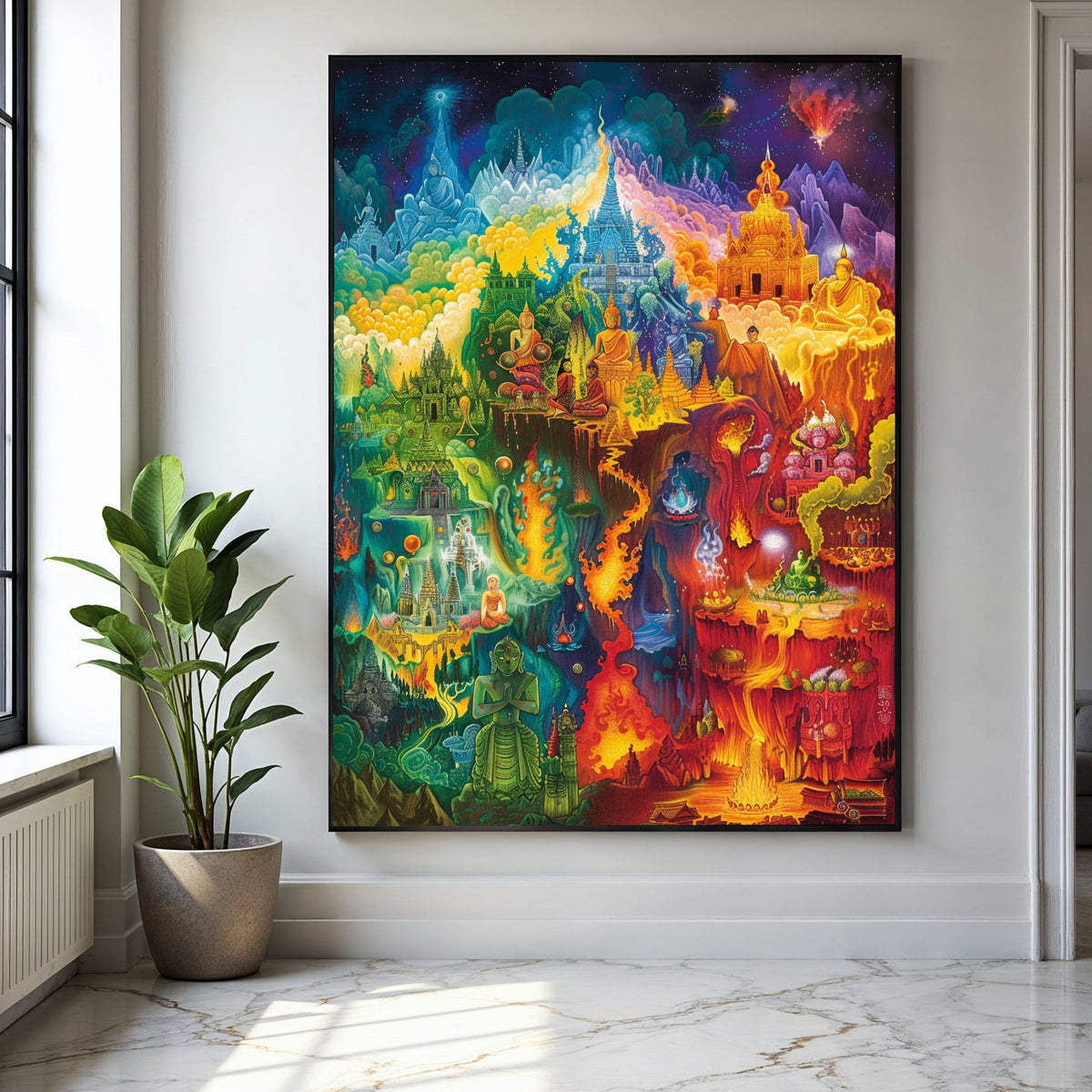 Mystical Buddhist Temple Canvas Wall Art, Vibrant Spiritual Landscape Painting, Meditation and Enlightenment Gift Art, Home Decor, Print