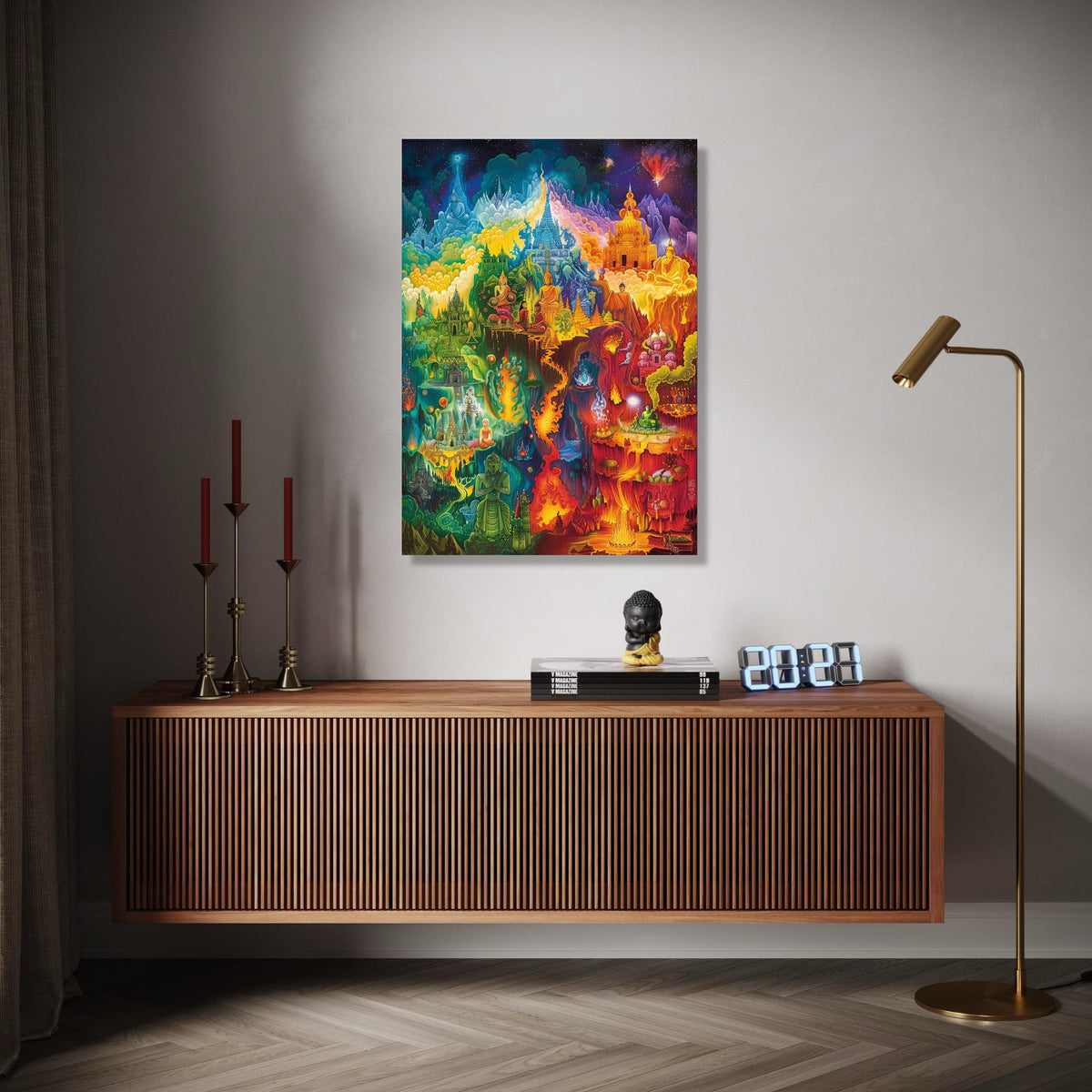 Mystical Buddhist Temple Canvas Wall Art, Vibrant Spiritual Landscape Painting, Meditation and Enlightenment Gift Art, Home Decor, Print