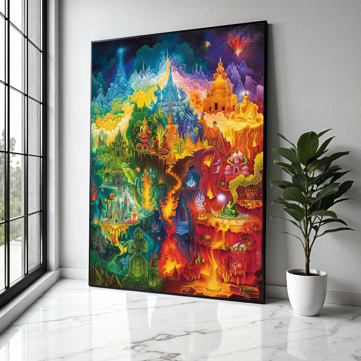Mystical Buddhist Temple Canvas Wall Art, Vibrant Spiritual Landscape Painting, Meditation and Enlightenment Gift Art, Home Decor, Print
