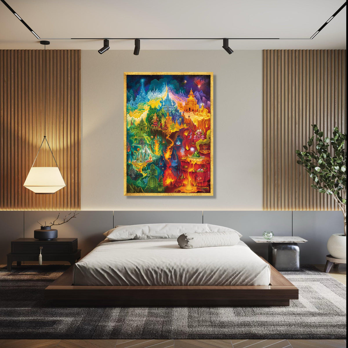 Mystical Buddhist Temple Canvas Wall Art, Vibrant Spiritual Landscape Painting, Meditation and Enlightenment Gift Art, Home Decor, Print